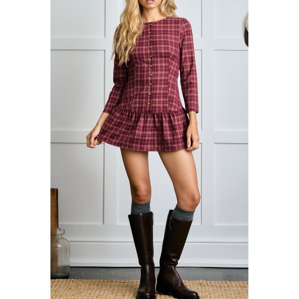 NWT Dairy Boy Meadow Dress Burgundy Plaid Drop Waist Mini Dress Size 4 / S Rare